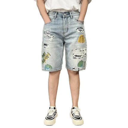 Retro Distressed Light-wash Cropped Ripped Shorts