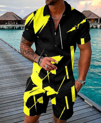 Men's Summer Fashion 3D Printed Short Sleeve Geometric Zip Lapel Shirt Set