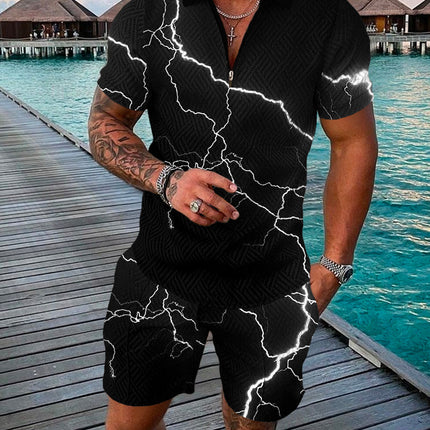 Men's Summer Fashion 3D Printed Short Sleeve Geometric Zip Lapel Shirt Set