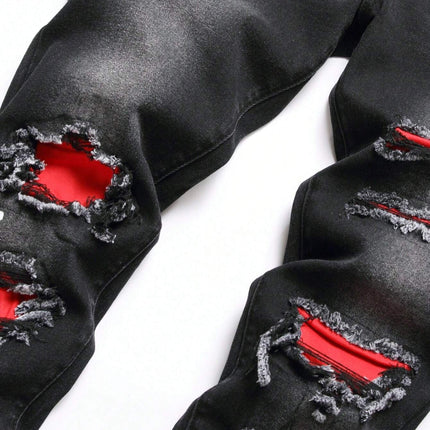 Men's Fashionable Straight-Leg Ripped Black Jeans
