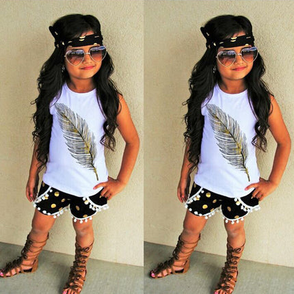 Feather Pattern Sleeveless Top Shorts Two-piece Children's Wear