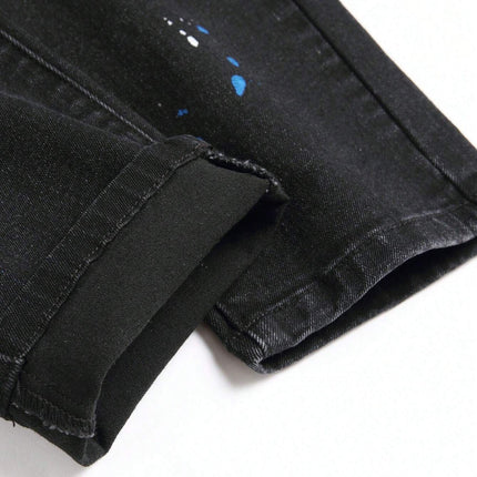 Men's Fashionable Straight-Leg Ripped Black Jeans