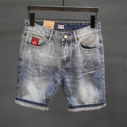 Retro Ripped Denim Mens Trendy Cropped Pants With Fuzzy Hems