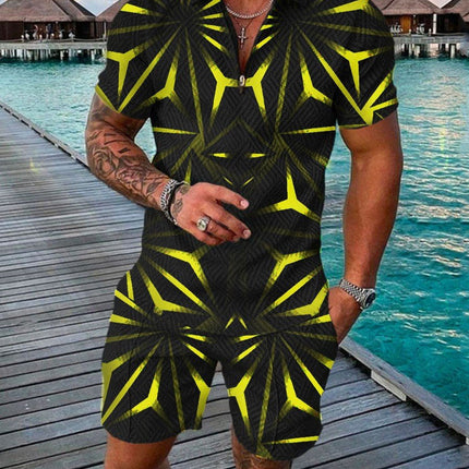 Men's Summer Fashion 3D Printed Short Sleeve Geometric Zip Lapel Shirt Set
