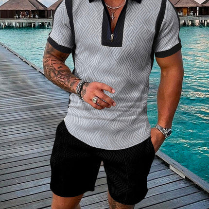 Men's Summer Fashion 3D Printed Short Sleeve Geometric Zip Lapel Shirt Set