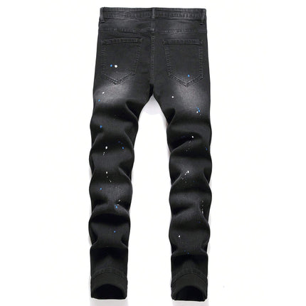 Men's Fashionable Straight-Leg Ripped Black Jeans