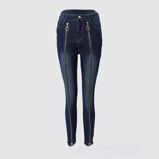 Dark Blue Metal-zipper Jeans From Europe And The US