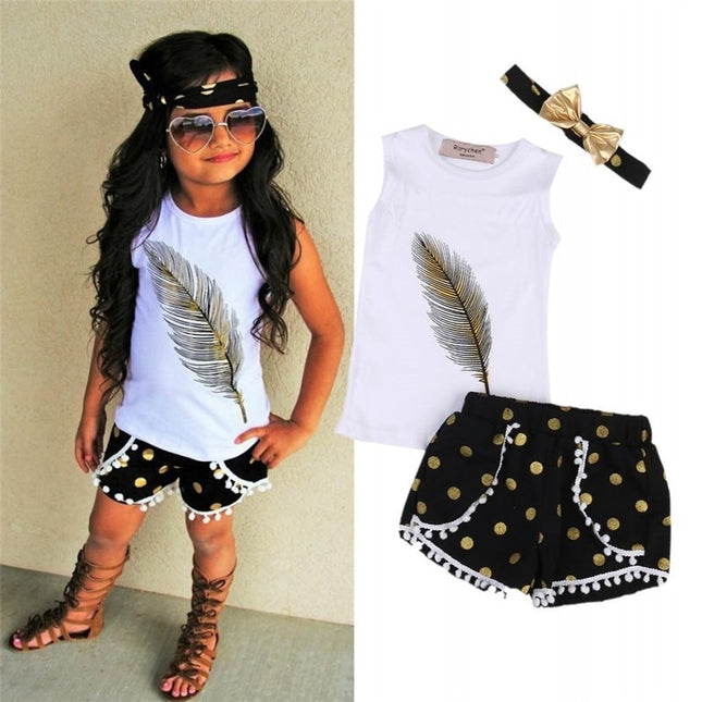 Feather Pattern Sleeveless Top Shorts Two-piece Children's Wear