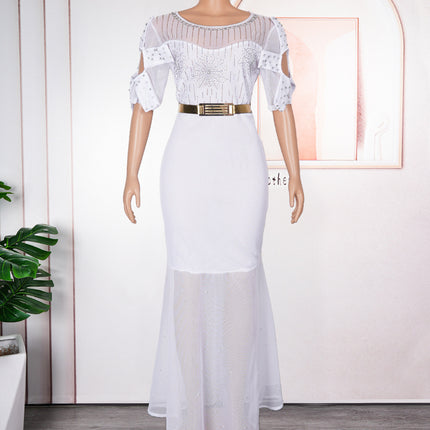 Women's Heavy Embroidered Hot Diamond Beads Night Banquet Light Luxury Evening Dress Fishtail Skirt
