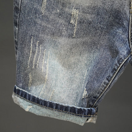 Retro Ripped Denim Mens Trendy Cropped Pants With Fuzzy Hems