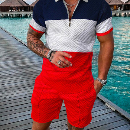 Men's Summer Fashion 3D Printed Short Sleeve Geometric Zip Lapel Shirt Set