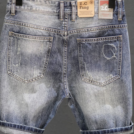Retro Ripped Denim Mens Trendy Cropped Pants With Fuzzy Hems